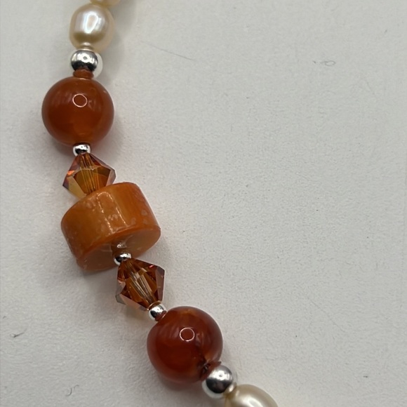 CORAL, FIRE AGATE, PEARL, CRYSTAL & STERLING SILVER ARTISAN CHOKER NECKLACE - Picture 8 of 11
